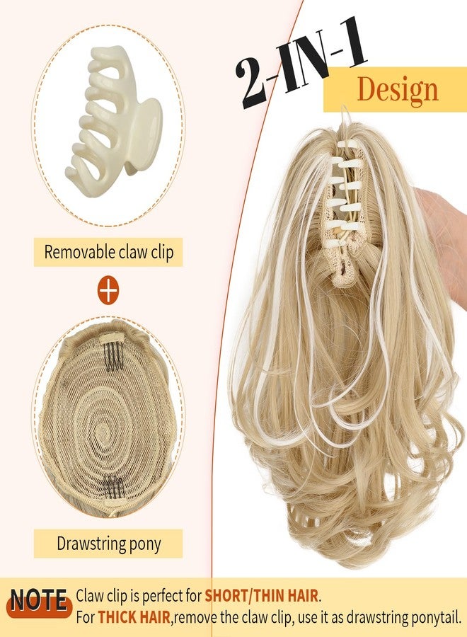 KooKaStyle Ponytail Extension, 10" Short Claw Clip in Pony Tails Hair Extensions Curly Wavy Synthetic Drawstring Hairpieces for Women(Blonde with White Highlights) - Image 2